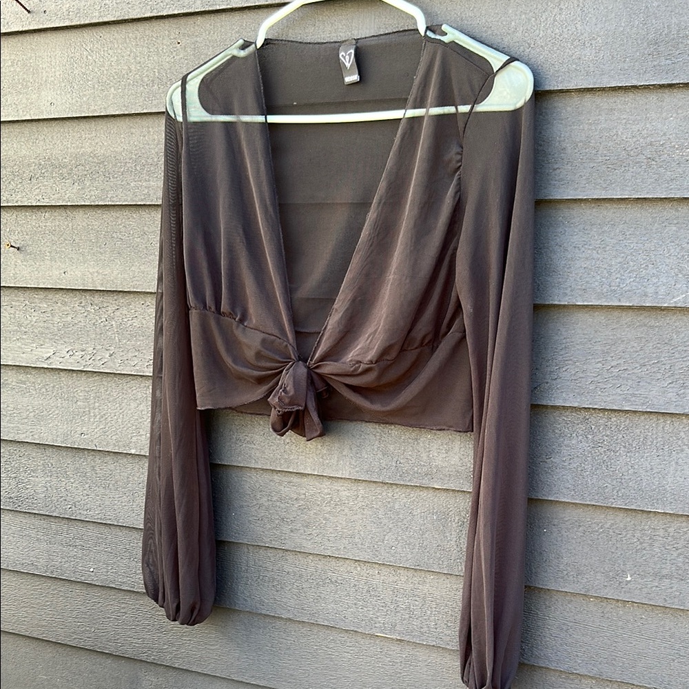 Sheer Black Long Sleeve Tie-Front Top